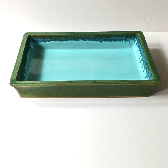 Mid Century O.M.C. Japan Signed Ikebana Suiban Bonsai Tray Bright Blue and Green - Picture 4 of 8